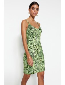Trendyol зелен леопард модел монтирани мини презрамки, гъвкави плетене рокля