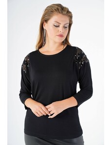 LoveYourCurvy Луксозна черна макси блуза с пайети на раменете