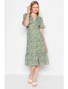 Trendyol зелен A-Line Midi тъкани облицовани Flounce животински модел тъкани рокля