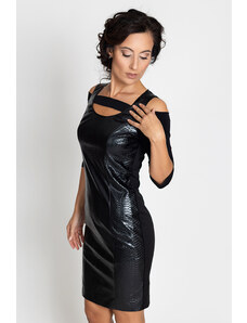 Trends by KK Вталена черна еластична рокля с декорация от кожа и плат - 42