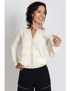 Trends by KK Light beige cardigan in pure wool with round neck with gold ornaments - Large