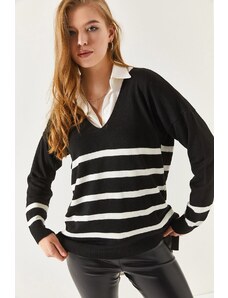 armonika жените черно v-образно деколте раиран пуловер кратко в предната част