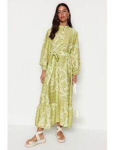 Trendyol масло зелен колан половин банички с къдри в подгъва, тъкани шарени рокля
