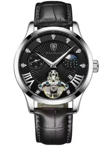 Мъжки часовник Poedagar CS1351, каишка от естествена кожа, черен/сребърен, черен циферблат