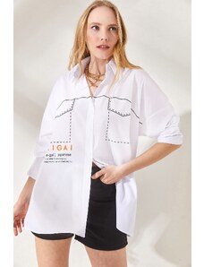 Olalook Women's White Printed Oversized Shirt with Side Buttons