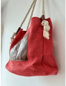 NAZAZU Natural практична голяма дамска чанта от лен, памук и естествена кожа - коралово червенa