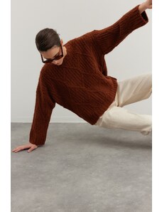 Trendyol кафяв широк годни меки текстурирани трикотаж пуловер