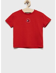 Детска памучна тениска Tommy Hilfiger в червено с изчистен дизайн