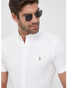 Памучна риза Polo Ralph Lauren мъжка в бяло с кройка по тялото с яка с копче