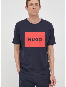 Памучна тениска HUGO в тъмносиньо с принт 50467952