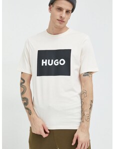 Памучна тениска HUGO в бежово с принт 50467952