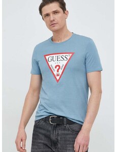 Памучна тениска Guess в синьо с принт