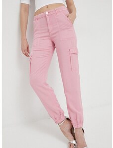 Панталони Guess в розово с кройка тип чино, с висока талия