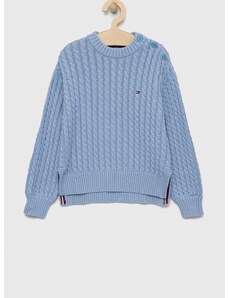Детски памучен пуловер Tommy Hilfiger в синьо от топла материя
