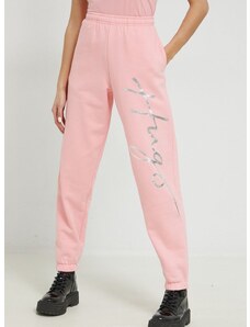 Памучен спортен панталон HUGO в розово с принт