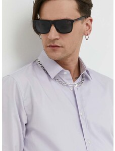 Памучна риза HUGO мъжка в лилаво с кройка по тялото с класическа яка
