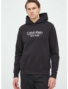 Памучен суичър Calvin Klein в черно с качулка с десен