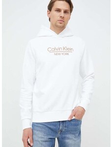 Памучен суичър Calvin Klein в бяло с качулка с десен