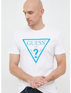 Памучна тениска Guess в бяло с принт