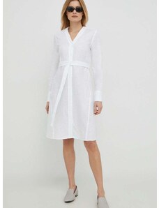 Ленена рокля Calvin Klein в бяло къс модел със стандартна кройка