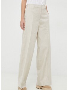 Ленен панталон Calvin Klein в бежово с широка каройка, с висока талия