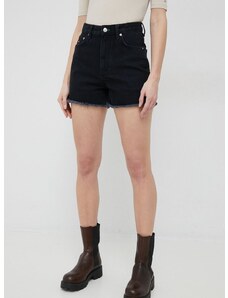Дънкови къси панталони Tommy Hilfiger x Shawn Mendes дамски в черно с изчистен дизайн с висока талия