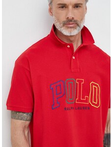Памучна тениска с яка Polo Ralph Lauren в червено с апликация