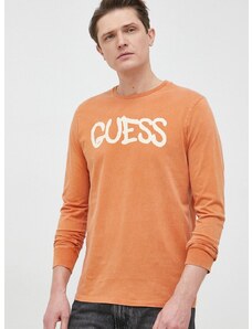 Памучна блуза с дълги ръкави Guess x Brandalised в оранжево с десен