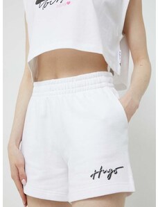 Памучен къс панталон HUGO в бяло с принт с висока талия
