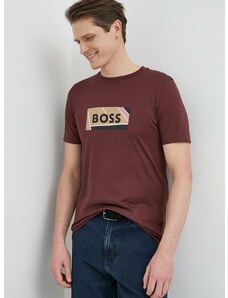Памучна тениска BOSS в бордо с принт