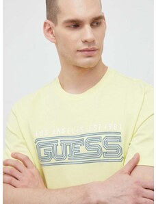 Памучна тениска Guess в жълто с десен