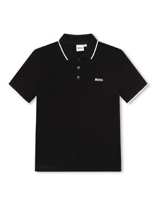 Детска памучна тениска с яка BOSS в черно с принт