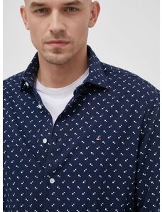 Памучна риза Tommy Hilfiger мъжка в тъмносиньо със стандартна кройка с италианска яка