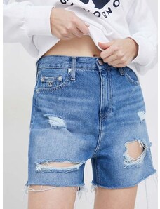 Дънкови къси панталони Calvin Klein Jeans в синьо с изчистен дизайн с висока талия