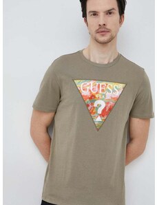 Памучна тениска Guess в зелено с апликация