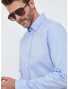 Памучна риза BOSS мъжка в синьо със стандартна кройка с яка с копче