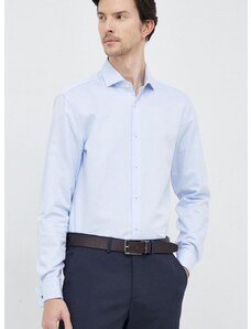 Памучна риза BOSS мъжка в синьо с кройка по тялото с италианска яка