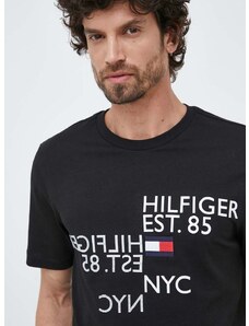 Памучна тениска Tommy Hilfiger в черно с апликация