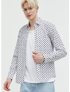 Памучна риза HUGO мъжка в бяло със стандартна кройка с италианска яка