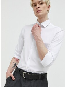 Памучна риза HUGO мъжка в бяло с кройка по тялото с класическа яка