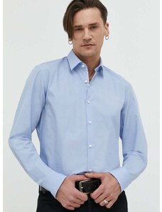 Памучна риза HUGO мъжка в синьо с кройка по тялото с класическа яка