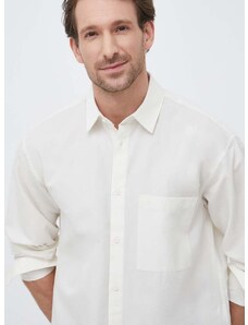 Риза с лен Calvin Klein в бежово със свободна кройка с класическа яка