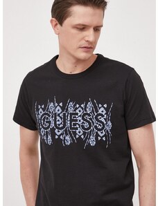 Памучна тениска Guess в черно с апликация