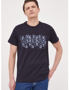 Памучна тениска Guess в тъмносиньо с апликация
