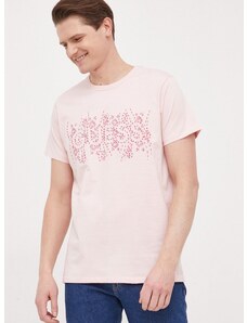 Памучна тениска Guess в розово с апликация