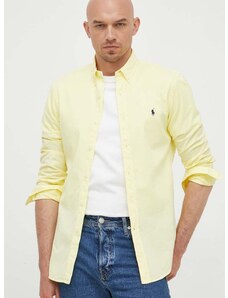 Памучна риза Polo Ralph Lauren мъжка в жълто с кройка по тялото с яка с копче