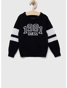Детски памучен пуловер Guess в тъмносиньо
