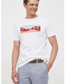 Памучна тениска Guess в бяло с десен