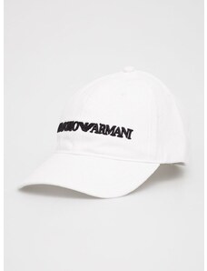 Памучна шапка Emporio Armani в бяло с апликация