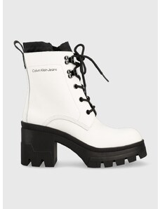Кожени боти Calvin Klein Jeans Chunky Heeled Boot Laceup в бяло с висок ток